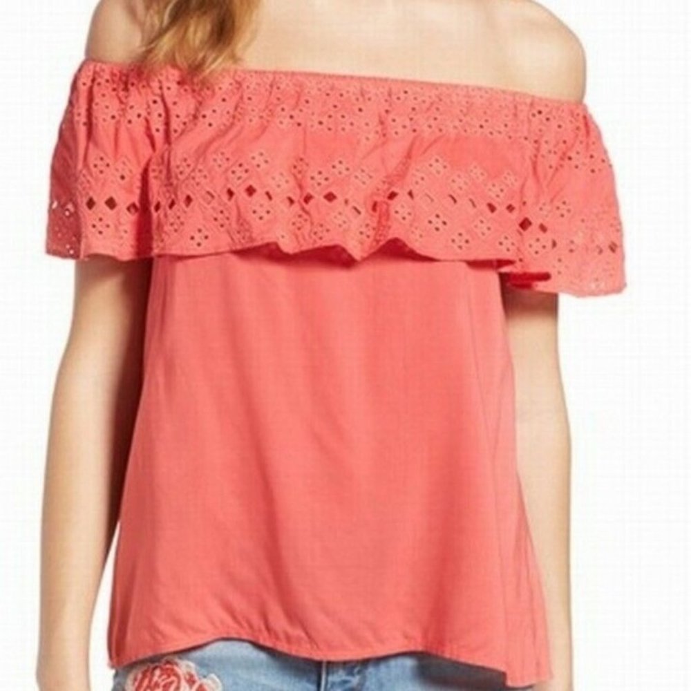 SANCTUARY PINK EYELET OFF THE SHOULDER TOP SIZE L
